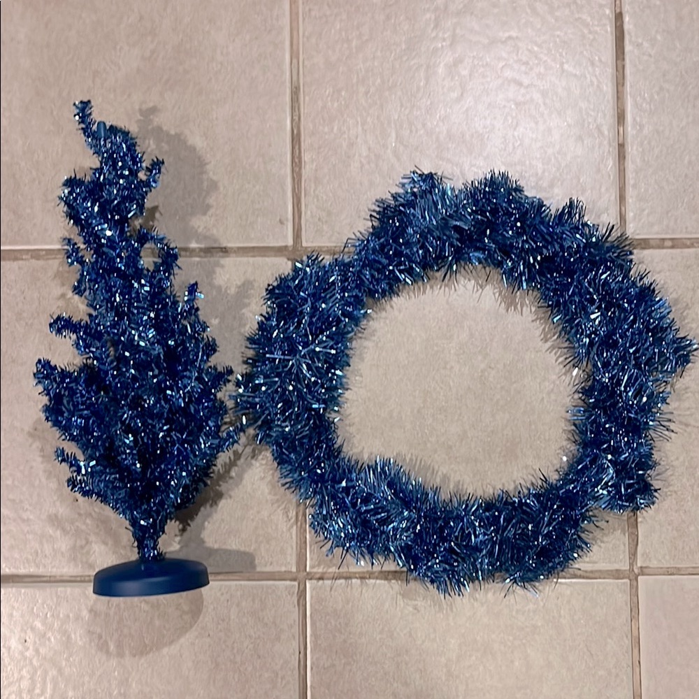 Christmas Blue Tinsel Wreath with matching mini tree